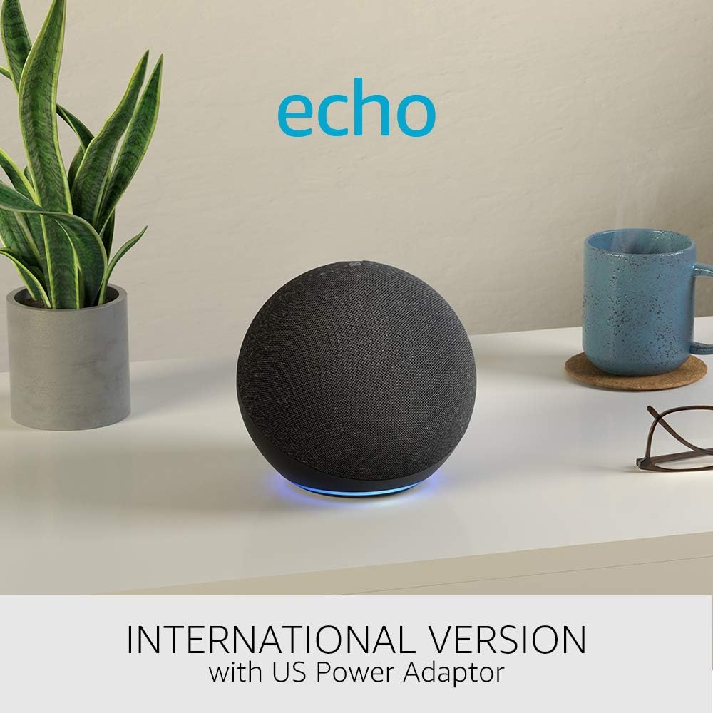 Echo (4th generation) International Version in Charcoal, featuring premium sound, smart home hub capabilities, and Alexa integration.